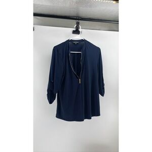 Ellen Tracy Navy Blue Half Zip Roll Tab Sleeve Tunic M
